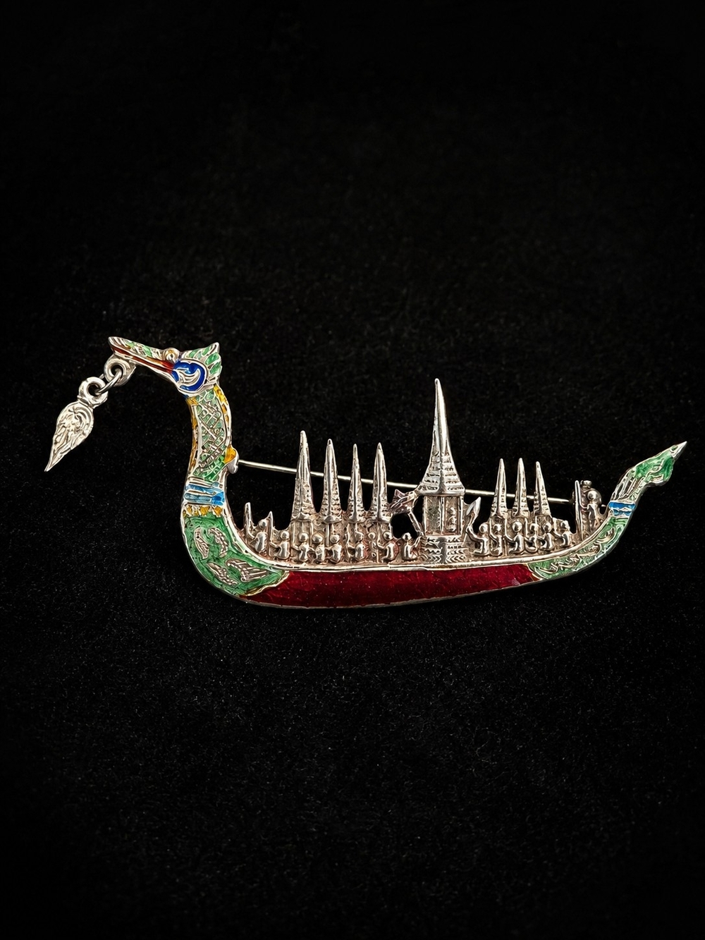 Vintage Siam Sterling Silver Thai Royal Dragon Boat Enamel Brooch Pin